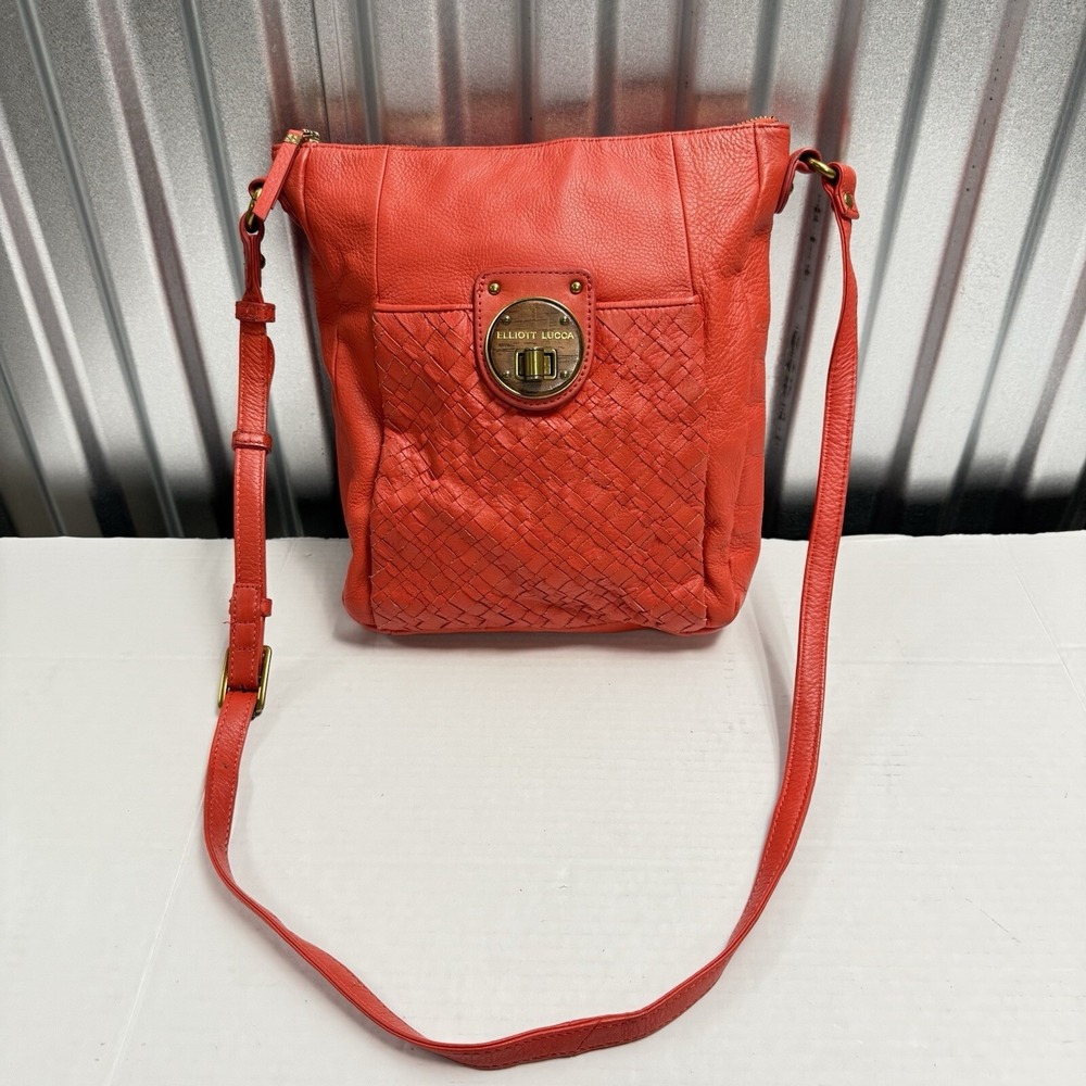 Elliott Lucca Coral Woven Leather Purse Crossbody Handbag Boho Red/Coral Purse